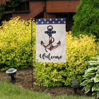 Briarwood Lane American Anchor Summer Burlap Garden Flag with anchor and welcome text on display outdoors.