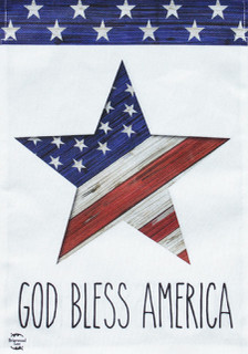 Briarwood Lane patriotic garden flag with star, stripes, and "God Bless America" in red, white, blue.