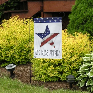 Briarwood Lane patriotic burlap garden flag with star, stripes, and "God Bless America" in red, white, blue.