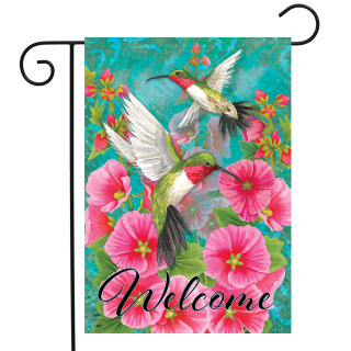 Briarwood Lane Hummingbird Dance Spring Garden Flag with colorful hummingbirds and flowers on a bright background.