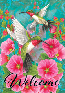 Briarwood Lane Hummingbird Dance Spring Garden Flag with colorful hummingbirds and pink flowers saying Welcome.