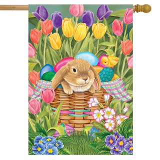 Briarwood Lane Spring Rabbit Tulips House Flag with bunny and colorful eggs in a basket.