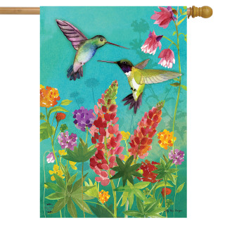 Briarwood Lane Hummingbird Greeting Spring House Flag with colorful flowers and hummingbirds on vibrant background.