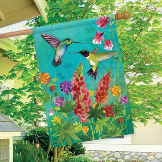 Briarwood Lane Hummingbird Greeting Spring House Flag, colorful springtime decor for porch or backyard display.