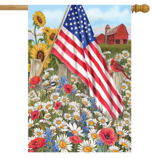 Briarwood Lane America the Beautiful Summer House Flag with sunflowers, daisies, and American flag design.