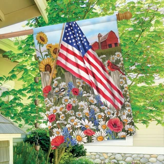 Briarwood Lane America the Beautiful garden flag with USA flag, flowers, and barn design.
