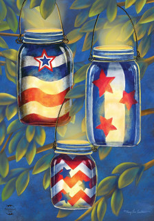 Briarwood Lane Patriotic Luminaries garden flag with red, white, and blue stars and stripes design.