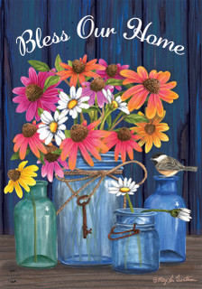 Briarwood Lane Bless Our Home Mason Jar colorful springtime decorative garden flag with bright flowers.