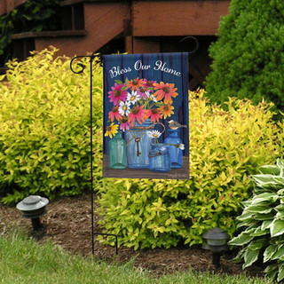 Briarwood Lane Bless Our Home Mason Jars garden flag with colorful flowers on a small decorative display.
