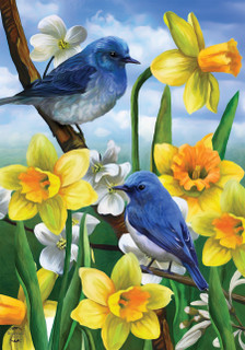 Briarwood Lane Bluebirds And Daffodils spring house flag with colorful, printed, cheery bluebirds and flowers.