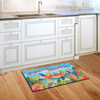 Briarwood Lane 5 O'clock Parrot colorful doormat on wooden floor beside kitchen sink and cabinets.