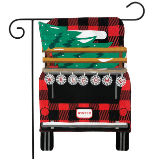 Red Checkered Truck Christmas Burlap Garden Flag