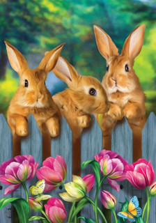 Briarwood Lane Garden Bunnies Spring Garden Flag with colorful bunnies and flowers on small printed fabric.