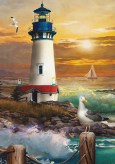 Briarwood Lane small printed garden flag with colorful lighthouse, sun, and seagull on sand by shore.