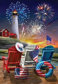 Briarwood Lane Beachfront Fireworks Fourth of July Garden Flag with patriotic shore and lighthouse scene.