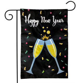 Briarwood Lane small printed garden flag with Happy New Year cheerful colorful champagne applique design.