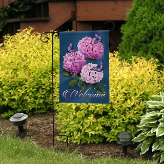 Briarwood Lane small printed garden flag with colorful butterflies and hydrangeas for springtime porch display.