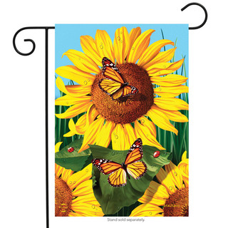 Briarwood Lane small printed garden flag with colorful sunflowers and monarch butterflies for spring summer display.
