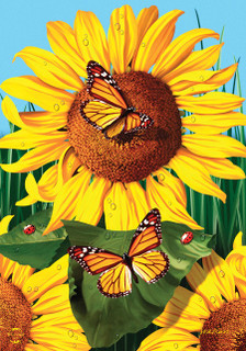 Briarwood Lane small, printed, decorative garden flag with colorful sunflowers and monarch butterflies on sunny background.