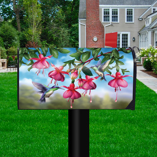 Briarwood Lane's colorful spring mailbox cover with hummingbirds and flowers for a cheerful porch display.