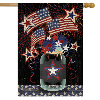Briarwood Lane American Mason Jar Patriotic House Flag with stars, stripes, and red, white, blue colors.