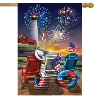 Briarwood Lane beachfront house flag with patriotic lighthouse, ocean, and fireworks on 4th of July.
