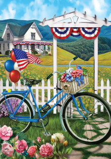 Briarwood Lane Patriotic Bicycle Summer House Flag with American stars and stripes colors embellished design.