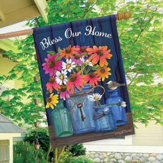 Briarwood Lane Bless Our Home Mason Jars garden flag with colorful spring flowers and cheery design.