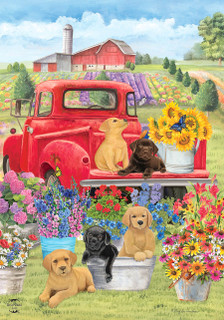 Briarwood Lane Spring Day Puppies Garden Flag with colorful dogs and flowers on red truck.