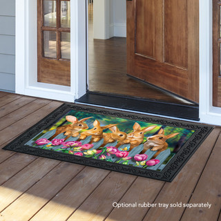 Briarwood Lane Garden Bunnies Spring Doormat, colorful printed decorative mat with bunnies and flowers.