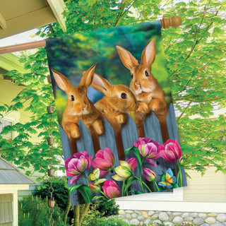 Briarwood Lane Garden Bunnies House Flag, colorful springtime decor with printed bunnies and tulips.