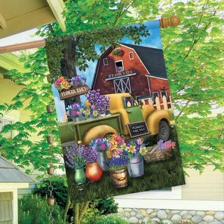 Briarwood Lane small printed spring house flag with colorful flowers and vintage truck on lawn.