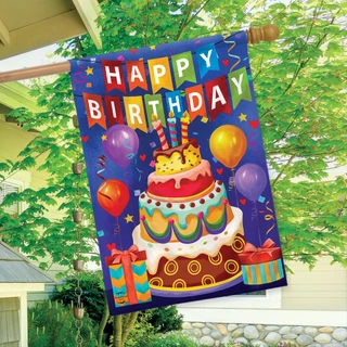 Briarwood Lane colorful birthday house flag with happy birthday cake and balloons on a porch.
