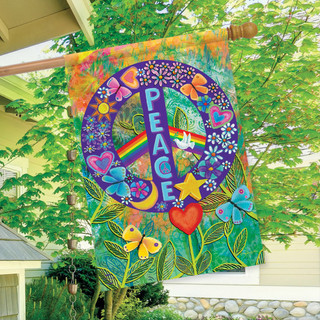 Briarwood Lane Peace Floral House Flag with colorful rainbow butterfly design for spring summer porch decor.