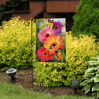 Briarwood Lane Garden Gerber Daisies spring garden flag with colorful butterflies on a decorative yard display.
