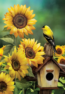 Briarwood Lane's small, colorful Goldfinch and Sunflowers garden flag, perfect for a cheerful spring porch display.