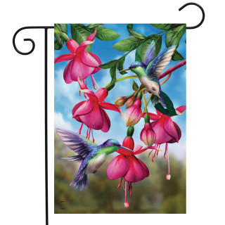 Briarwood Lane small garden flag with colorful hummingbirds and flowers for spring and summer porch decor.