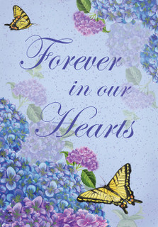 Briarwood Lane Forever In Our Hearts garden flag with colorful butterflies and hydrangeas on small decorative design.