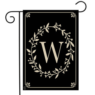 Briarwood Lane classic monogram letter W garden flag, black with elegant gold floral wreath design.