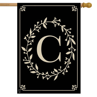 Briarwood Lane black double-sided house flag with elegant gold letter C and leafy wreath design.