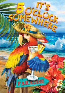 Briarwood Lane 5 O'Clock Paradise Summer Garden Flag with colorful parrot, martini, and hibiscus flowers.