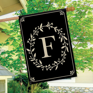 Briarwood Lane black double-sided house flag with elegant white F monogram and leafy wreath design.