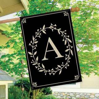Briarwood Lane classic monogram letter A house flag, black with elegant white design and leafy wreath.