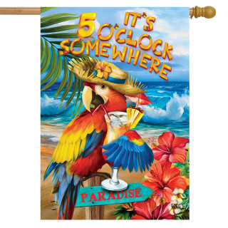 Briarwood Lane 5 O'Clock Paradise Summer House Flag with colorful parrot, cocktail, and sunny beach scene.