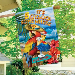 Briarwood Lane 5 O'Clock Paradise Summer House Flag with colorful parrot and cocktail on sand shore.