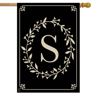 Briarwood Lane classic monogram letter S double-sided house flag in elegant black with gold print.