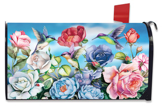 Briarwood Lane Hummingbird and Roses spring mailbox cover with colorful floral design and hummingbirds.