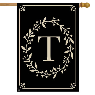 Briarwood Lane Classic Monogram Letter T black double-sided house flag with elegant gold floral design.
