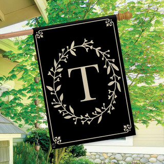 Briarwood Lane classic monogram letter T double-sided house flag with elegant black and white design.