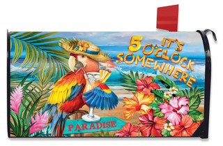 Briarwood Lane 5 O'Clock Paradise Summer Mailbox Cover with colorful parrot and tropical floral print.